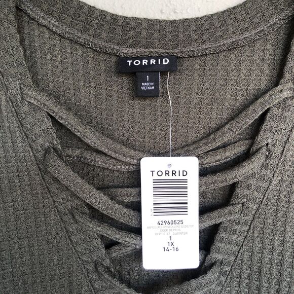 Torrid 1X Plus Size Top Waffle Lace Up VNeck Olive Green Long Sleeve Casual Cozy - Picture 5 of 11